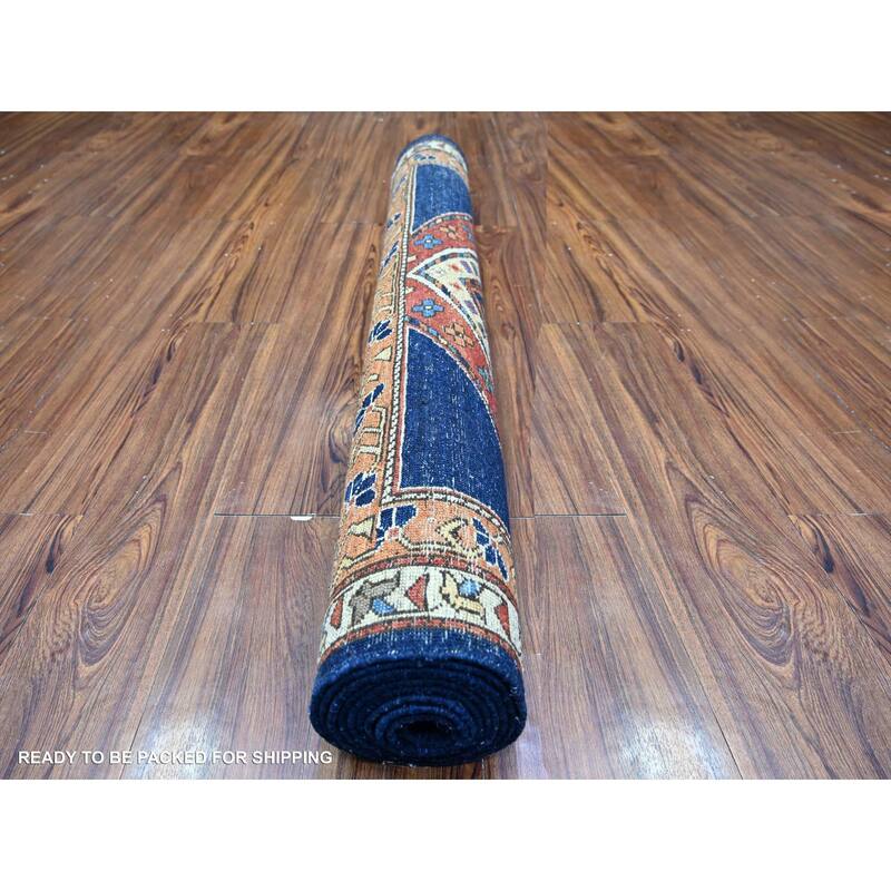 Shahbanu Rugs Oxford Blue Afghan Ersari Geometric Wide Runner with